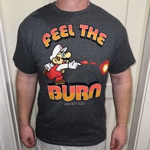 Nintendo Super Mario Mens Gray Graphic T Shirt - Feel The Burn - Size Large
